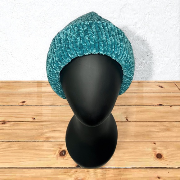 Hand Crafted Accessories - Handmade Super Soft Velvet Knit Beanie Handcrafted Hat Teal